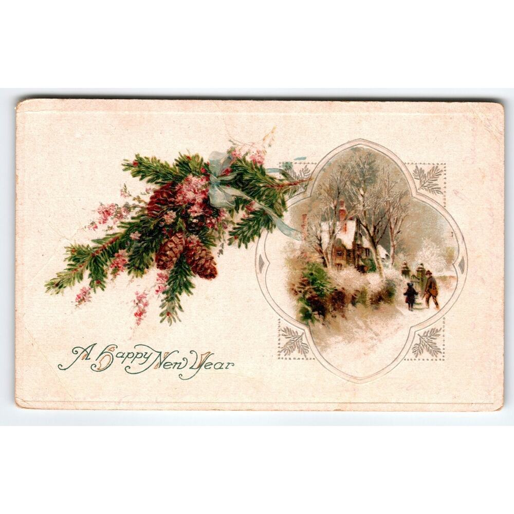 Vintage 1923 New Year Postcard Winter Cottage & Pinecone Sprig